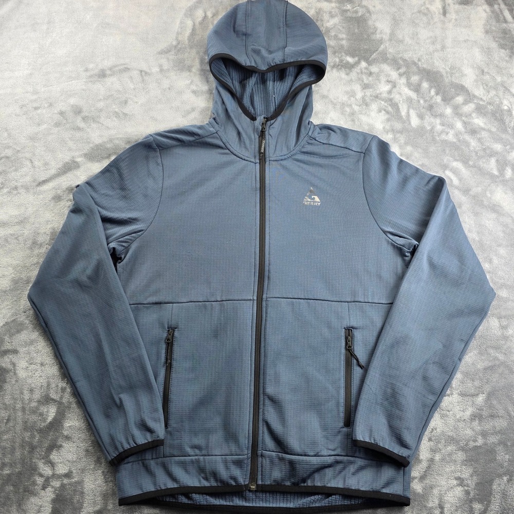 Gerry Grid Fleece Hooded Jacket Mens Medium Blue Full Zip Outdoor Windbreaker